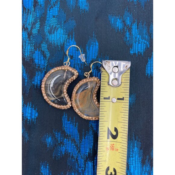 Gold Crescent Moon Earrings With Rhinestone Border - Picture 3 of 3